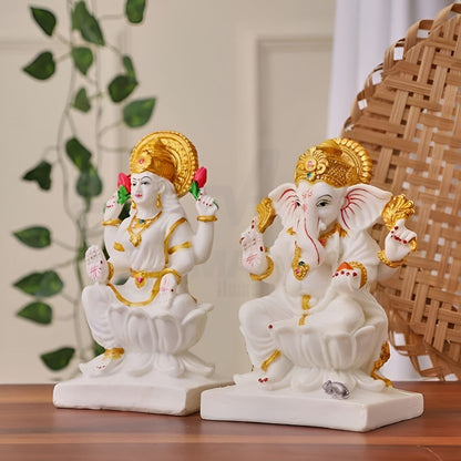 Antique White Marble Laxmi Ganesh Idol Sculpture | EnamorarDecor