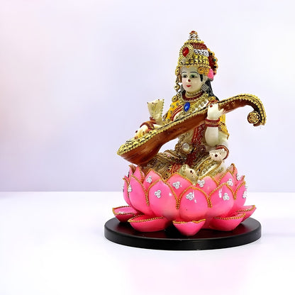 Goddess Saraswati On Lotus Antique Sculpture | EnamorarDecor